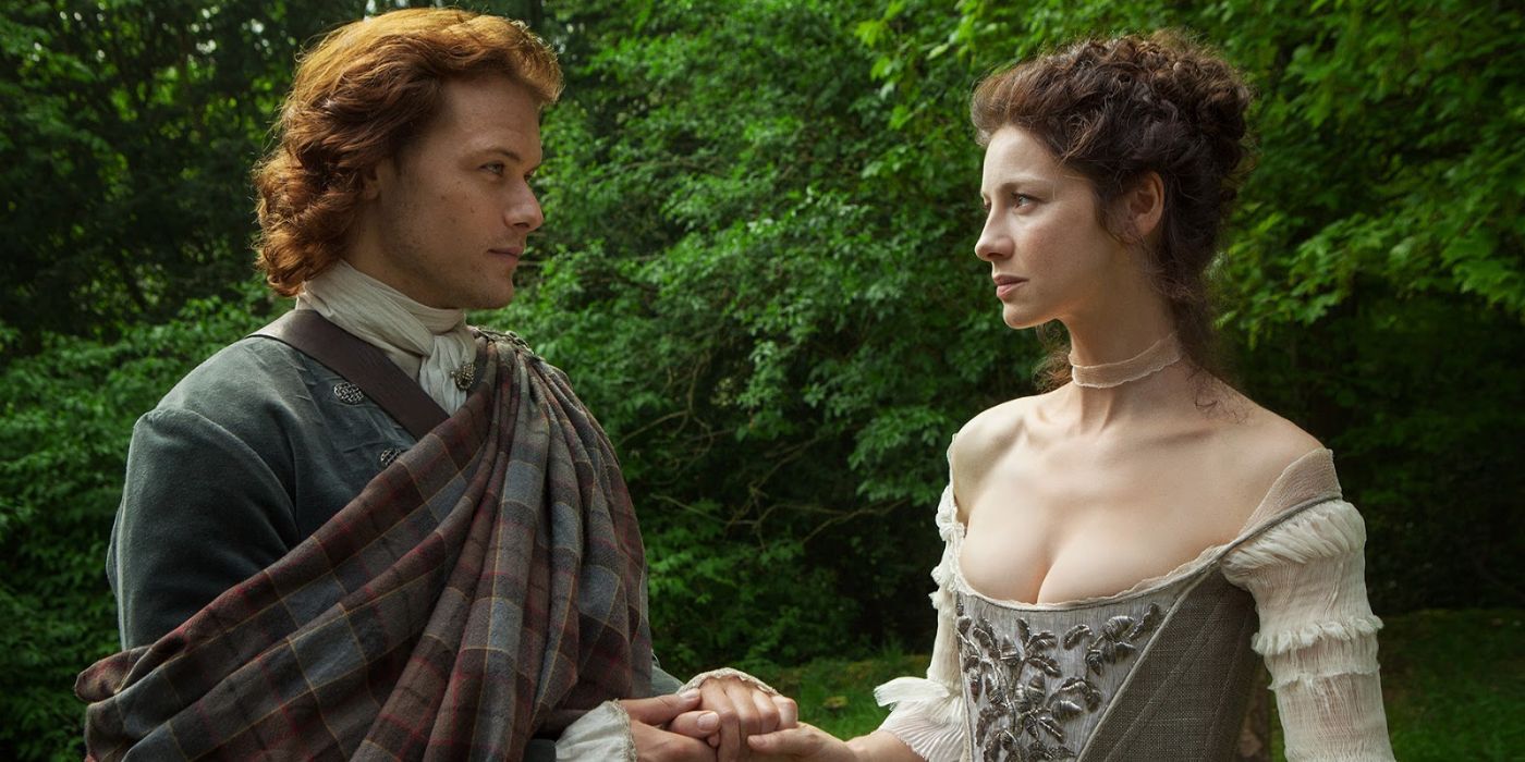 Jamie, played by Sam Heughan, and Claire, played by Catriona Balfe, before their wedding in 'Outlander' Season 1, Episode 11, "The Wedding." 