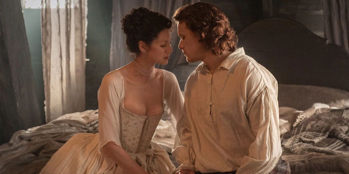 Sam Heughan and Catriona Balfe as Jamie and Claire in Outlander's wedding episode
