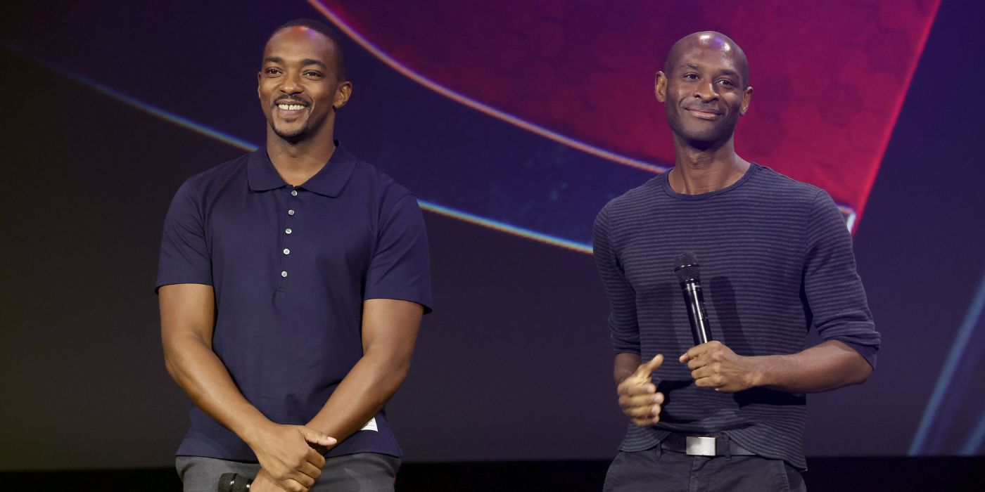 Anthony Mackie and Julius Onah promoting Captain America: Brave New World at D23 2022