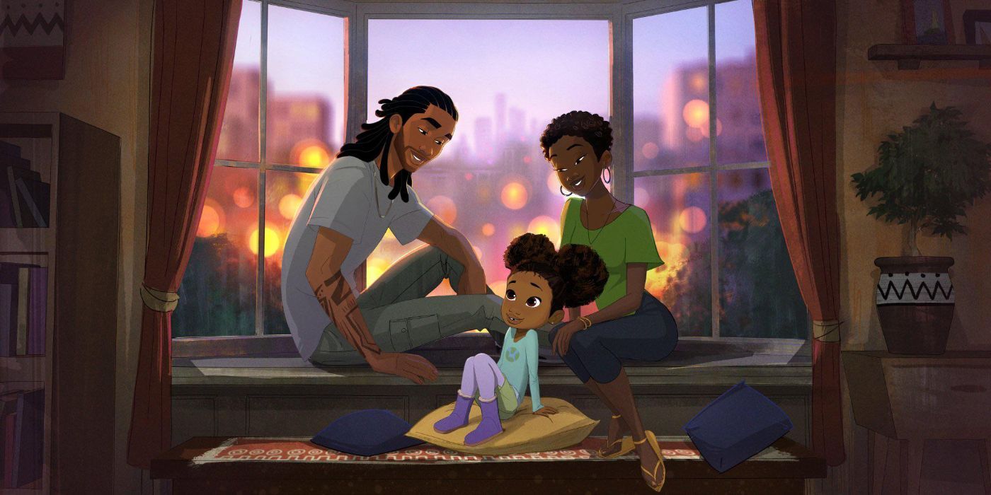 A three member Black family sits together by the window in Max's Young Love