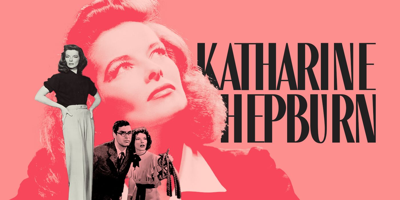Blended image showing Katharine Hepburn alone and with Cary Grant next to her name in large letter.