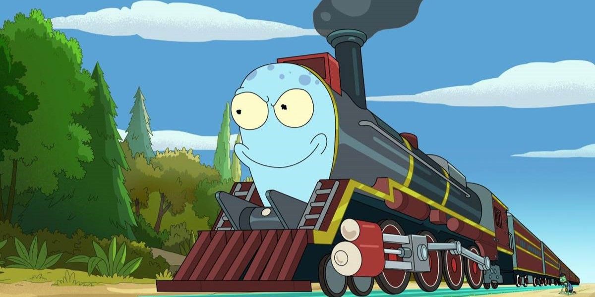 Still from 'Solar Opposites': A train with Korvo's face on it driving through a landscape while Terry crawls on the ground in the background.