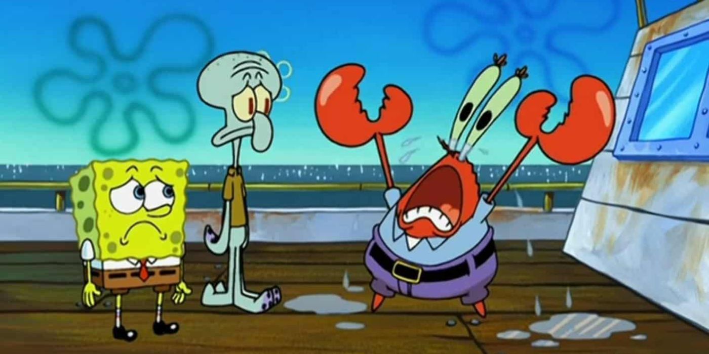 SpongeBob and Squidward watch Mr. Krabs cry over his millionth dollar
