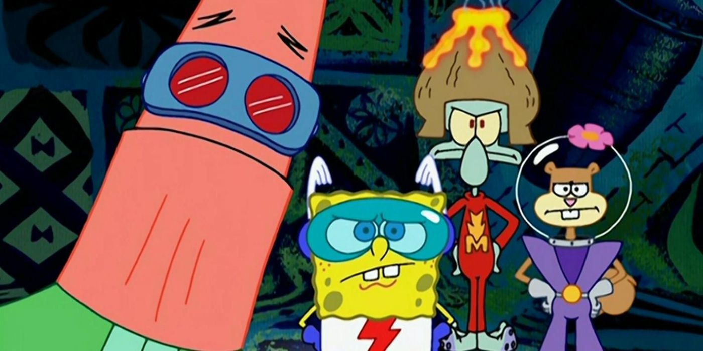 Patrick, SpongeBob, Squidward, and Sandy suit up in superhero costumes