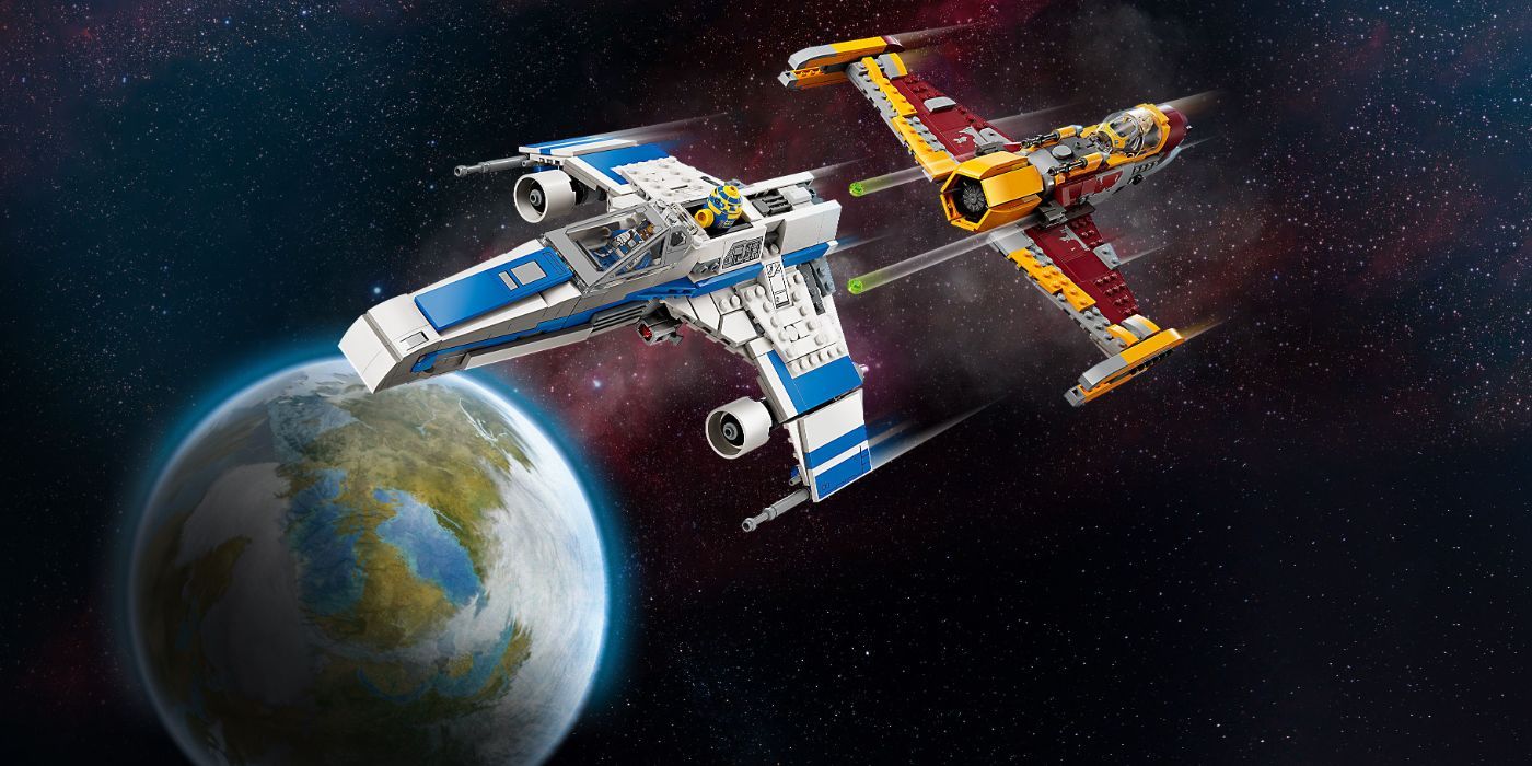 A LEGO Star Wars E-Wing and Starfighter racing towards each other in space