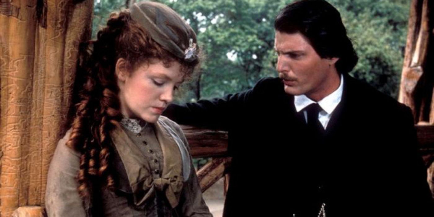 Madeleine Potter and Christopher Reeve having a tense converstaion in The Bostonians.