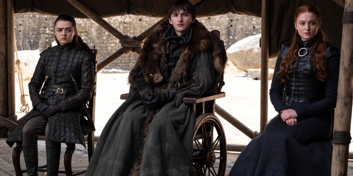 Maisie Williams, Isaac Hempstead Wright, and Sophie Turner as Arya, Bran, and Sansa Stark in Game of Thrones