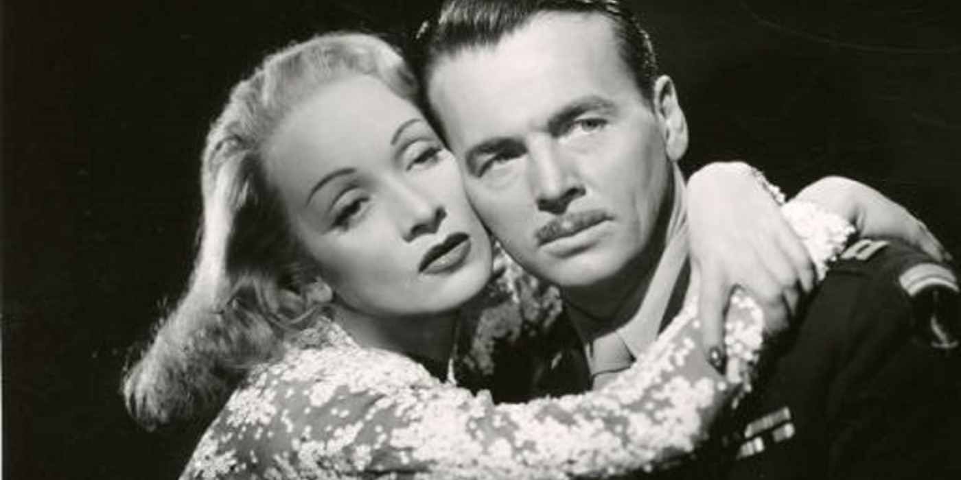 Marlene Dietrich and John Lund as Erika von Schlütow and Joh Pringle embracing in A Foreign Affair