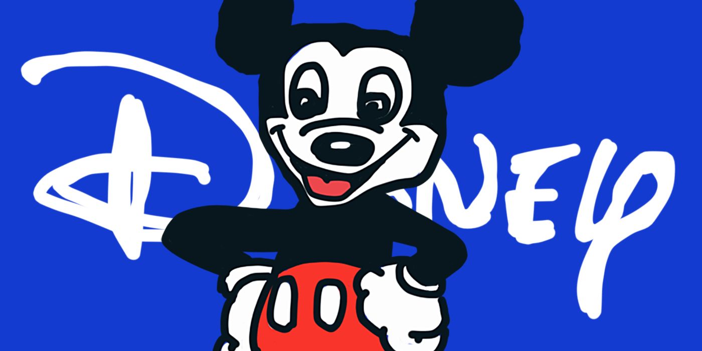 Mickey Mouse standing in front of the Disney logo