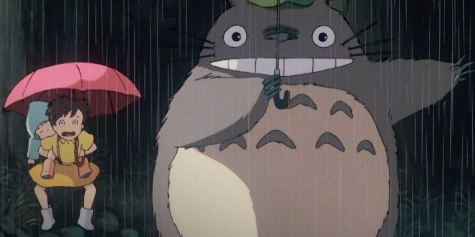 Totoro under the rain with an umbrella in My Neighbor Totoro
