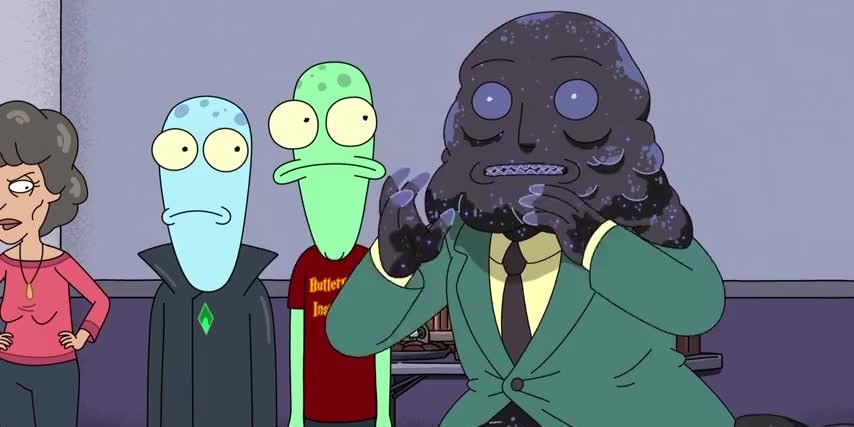 Still from 'Solar Opposites': Korvo and Terry stand next to a figure made of nanobots wearing a suit.