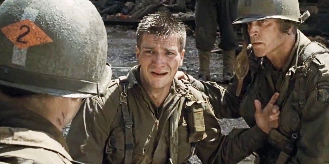 Nathan Fillion sat on the ground crying in Saving Private Ryan 