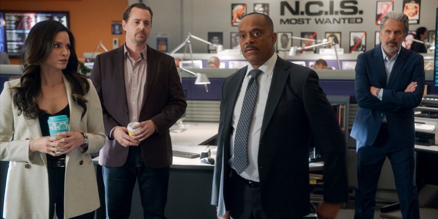 Katrina Law, Sean Murray, Rocky Carroll, and Gary Cole as Jesscia Knight, Timothy McGee, Leon Vance, and Alden Parker in NCIS