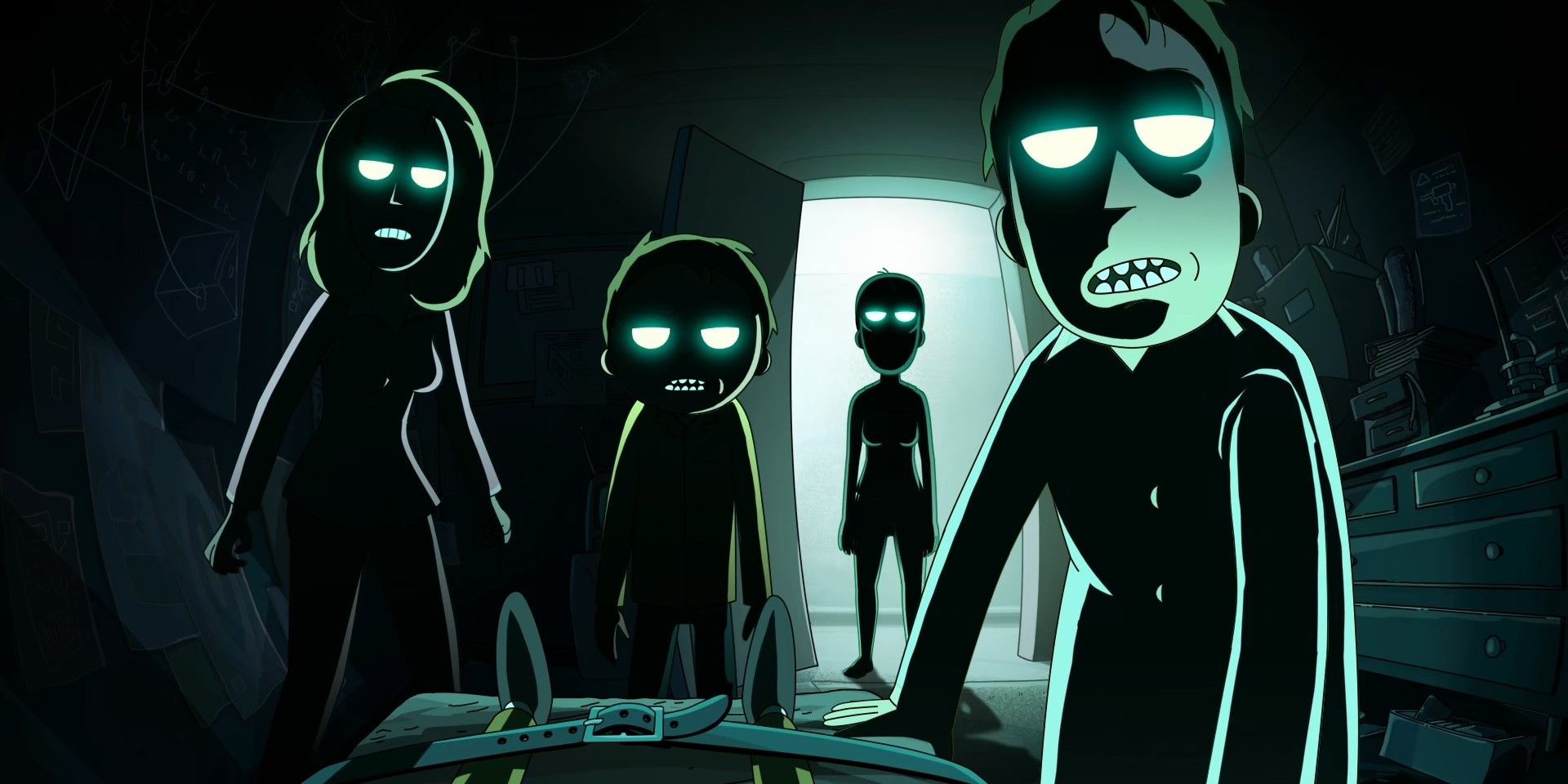 Still from 'Night Family': The Smith family stand menacingly in a dark room, their eyes glowing green.