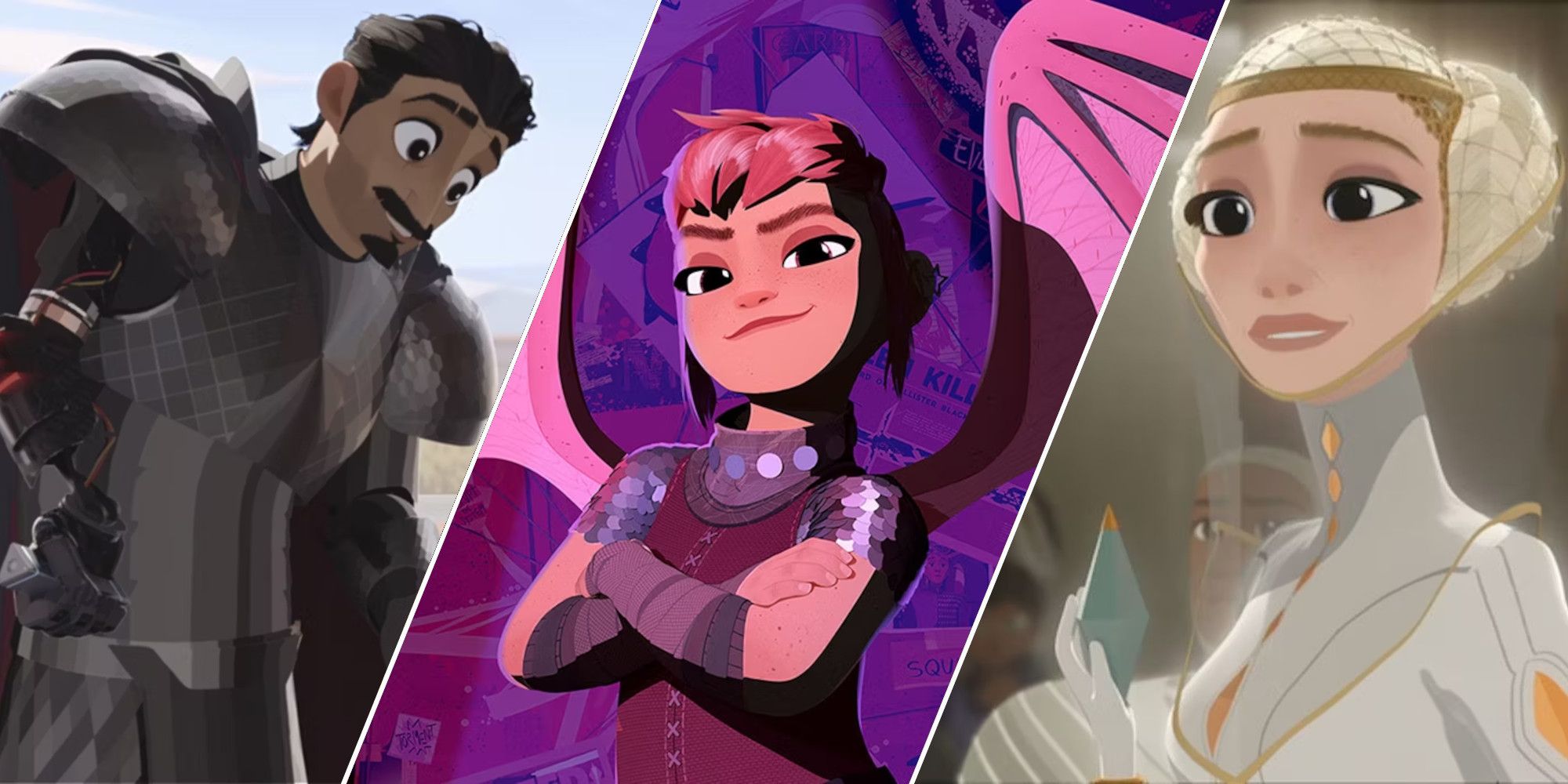 A collage of characters from the film Nimona, featuring Ballister Boldheart, Nimona, and The Director