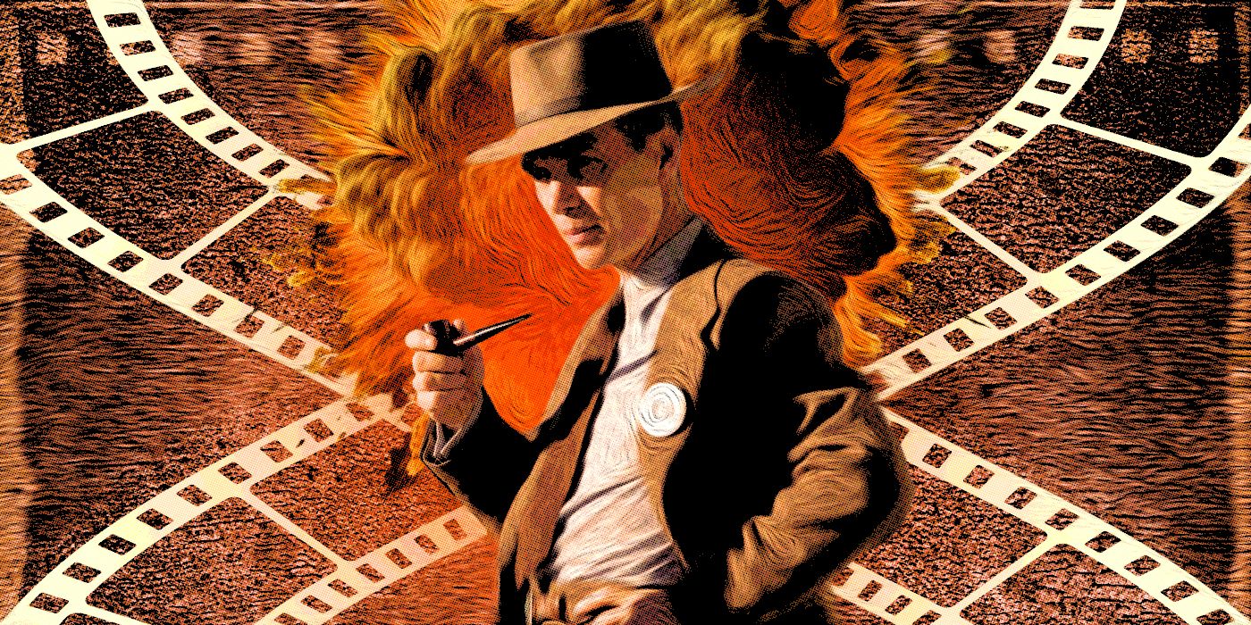 Cillian Murphy in Oppenheimer over an illustration of film reels and an explosion