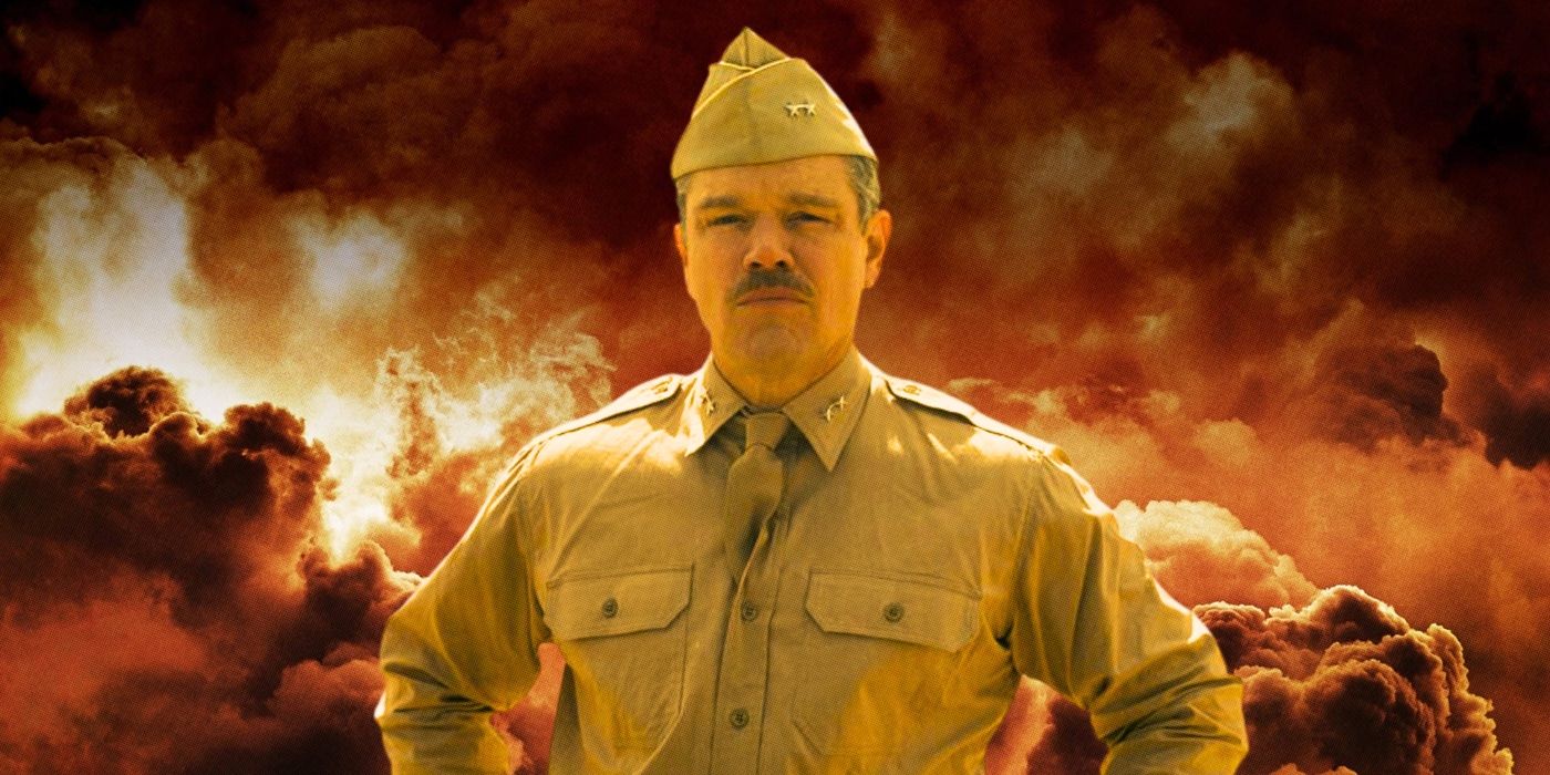 Custom image of Matt Damon as General Leslie Groves from Oppenheimer against a fiery background