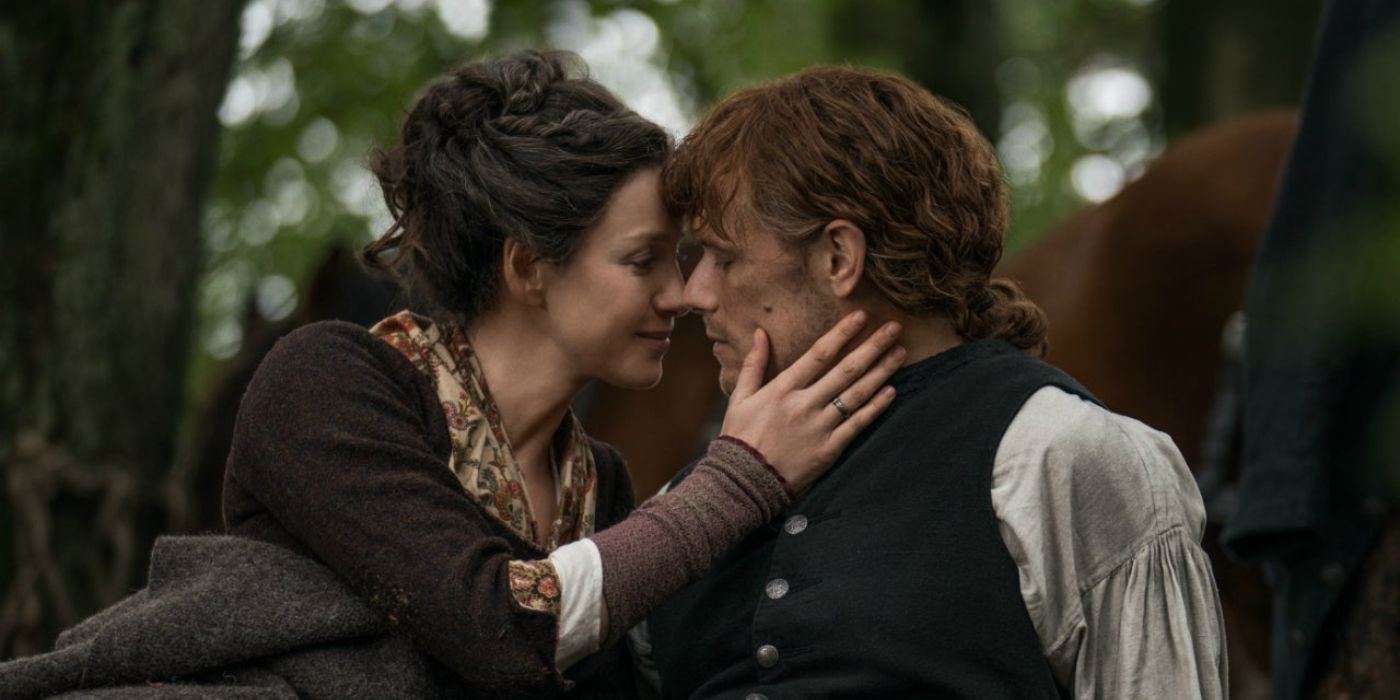 Claire, played by Caitriona Balfe, touching Jamie, played by Sam Heughan, in 'Outlander' Season 4, Episode 1.