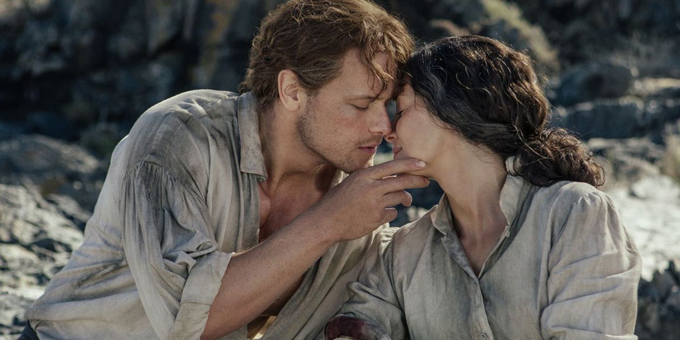 Jamie, played by Sam Heughan, reaching for a kiss from Claire, played by Caitriona Balfe, in 'Outlander' Season 3, Episode 11. 