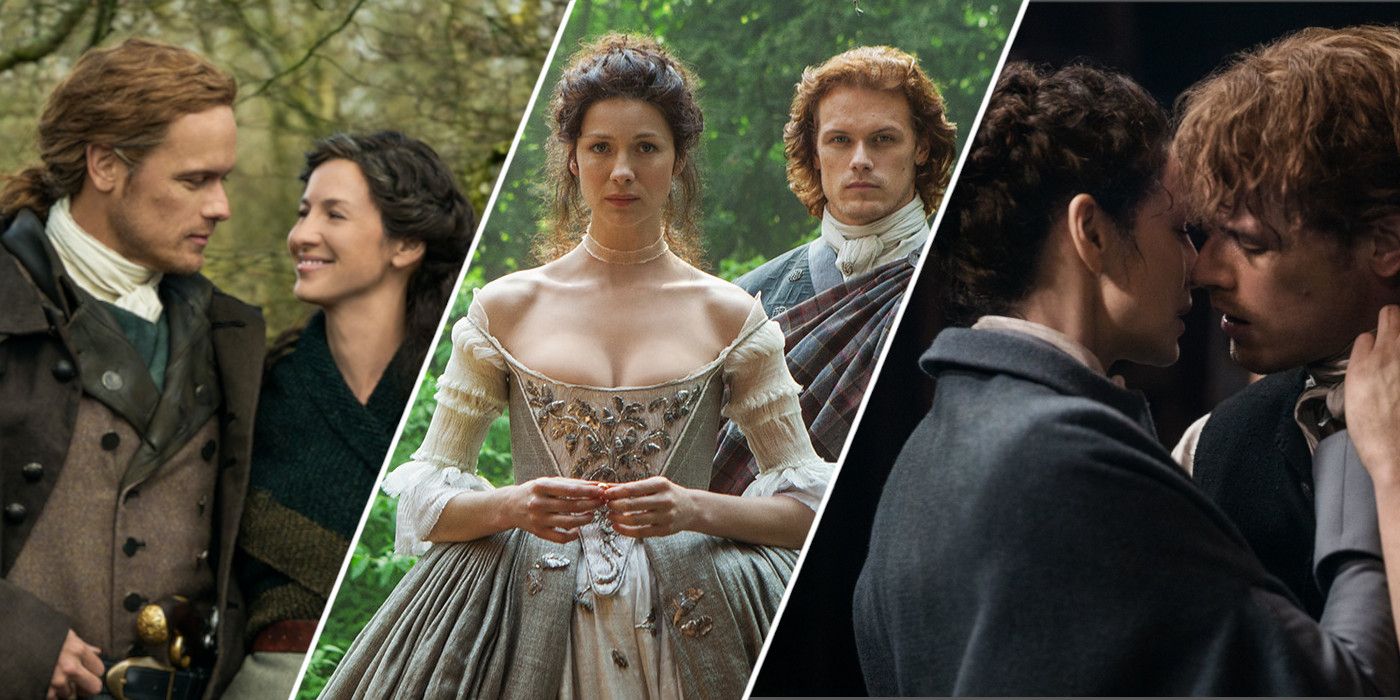 Jamie, played by Sam Heughan, holding Claire, played by Caitriona Balfe, in 'Outlander.'