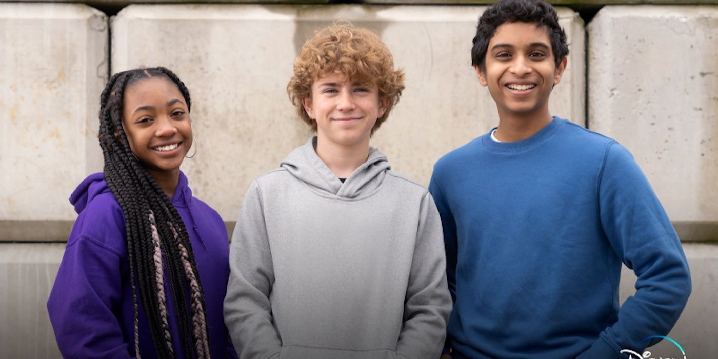 Leah Sava Jeffries, Walker Scobell, and Aryan Simhadri posing for Percy Jackson and the Olympians promotion