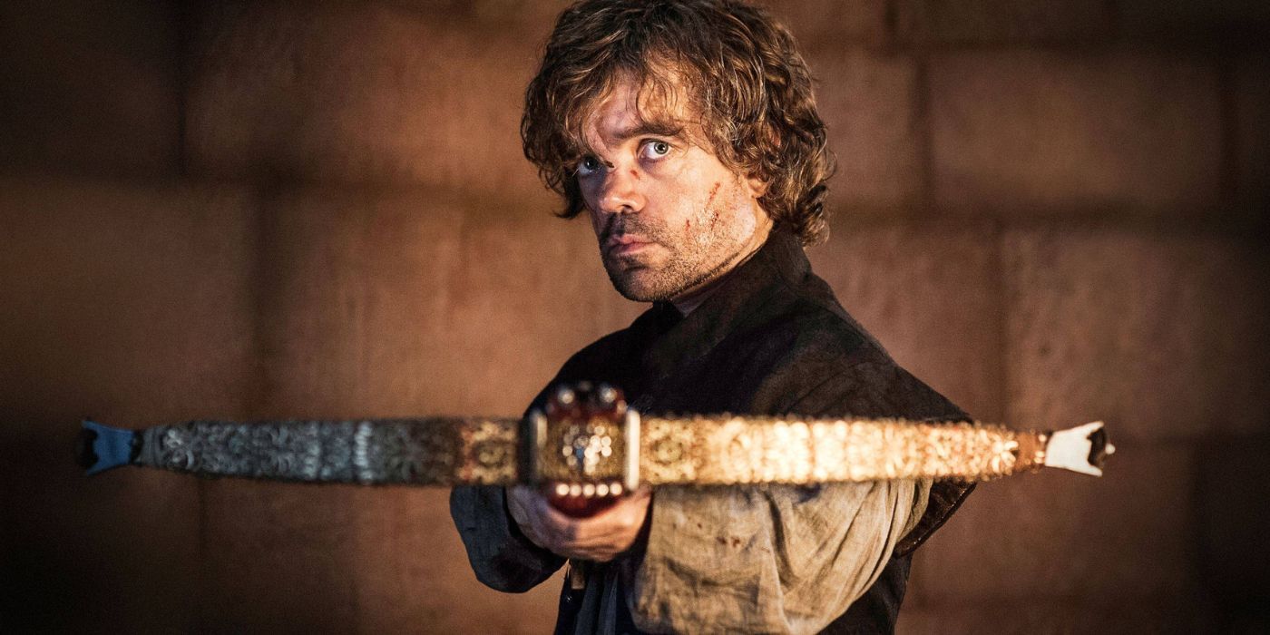 Peter Dinklage as Tyrion Lannister aiming a crossbow in Game of Thrones