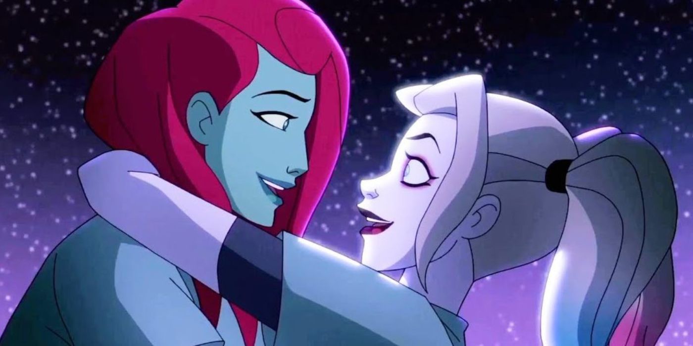 Poison Ivy and Harley Quinn smiling and embracing in Max's Harley Quinn