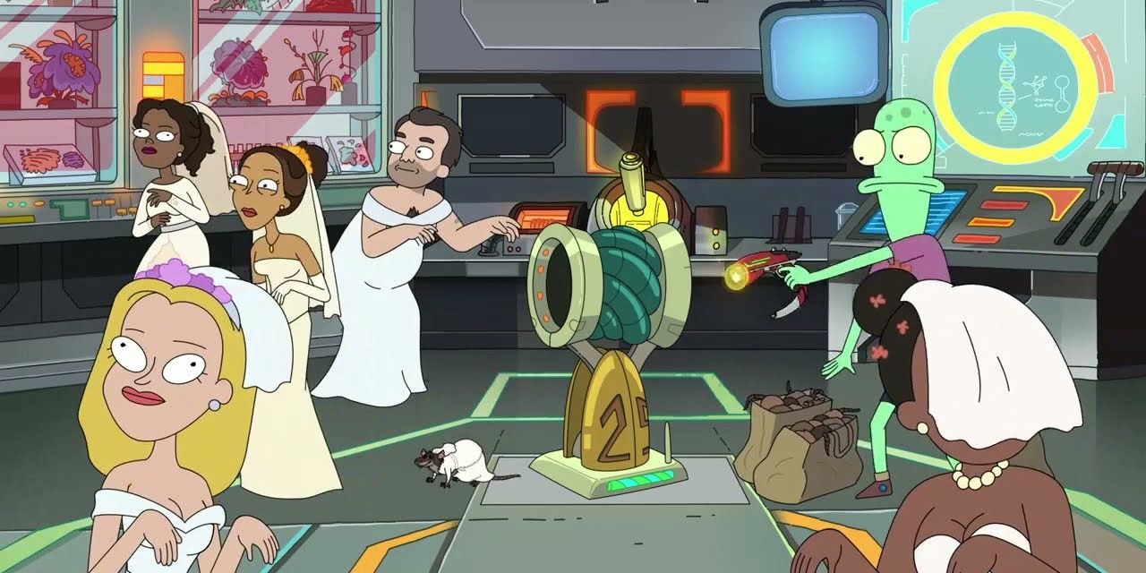 Still from 'Solar Opposites': Terry shoots a ray gun through a machine to turn rats into humans wearing wedding dresses.