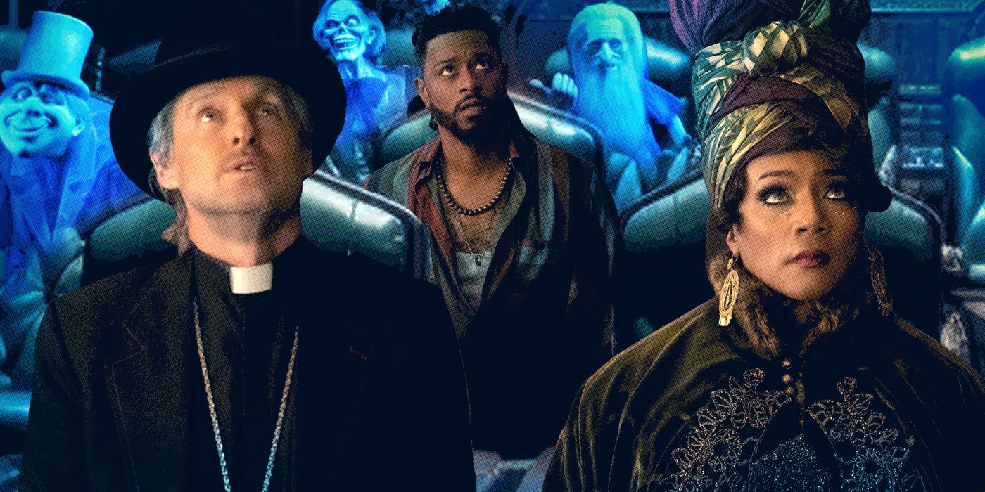 Owen Wilson, LaKeith Stanfield, and Tiffany Haddish in Haunted Mansion