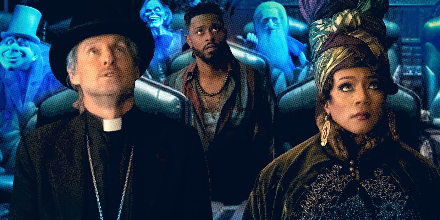 Owen Wilson, LaKeith Stanfield, and Tiffany Haddish in Haunted Mansion in front of ghosts