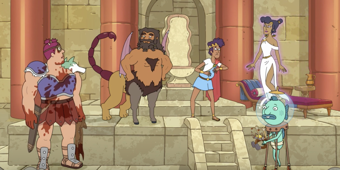 Os personagens de Krapopolis ficam juntos em uma plataforma de pedra