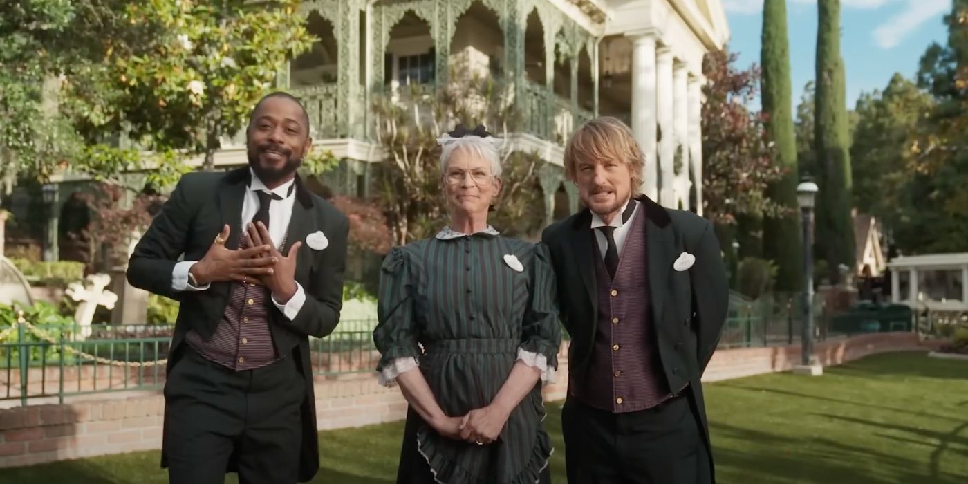 LaKeith Stanfield, Jamie Lee Curtis, and Owen Wilson promoting 'Haunted Mansion' at Disneyland