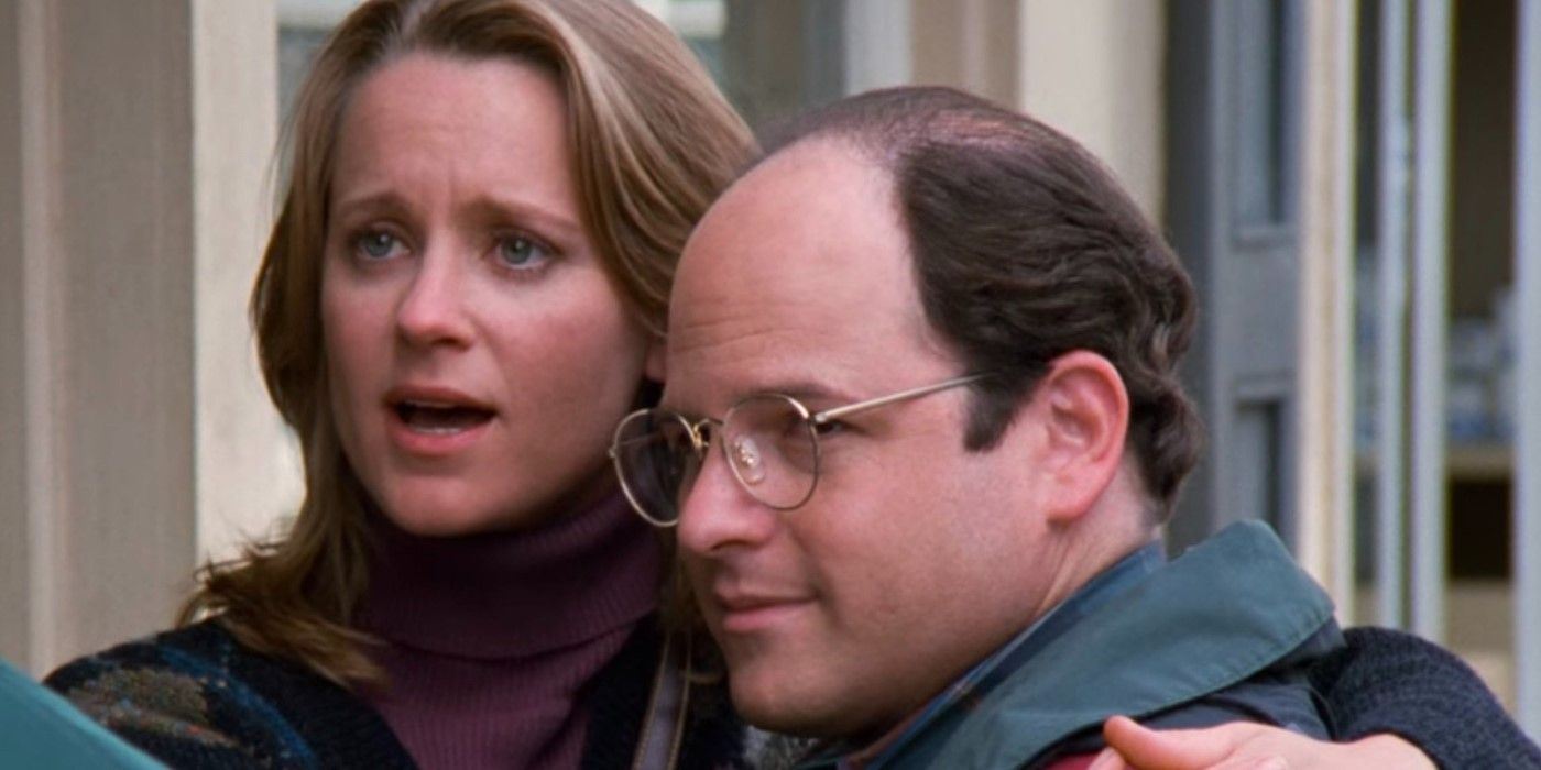 Susan (Heidi Swedberg) hugs George (Jason Alexander) on 'Seinfeld'