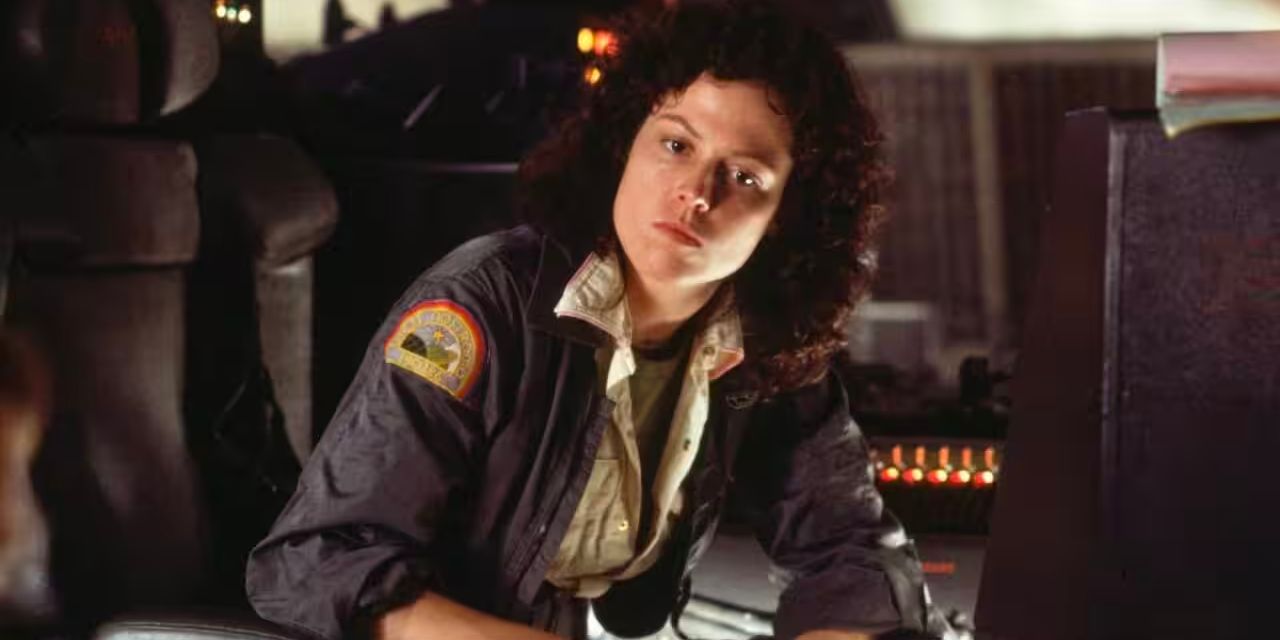 Sigourney Weaver as Ellen Ripley sitting in a chair as the crew of the Nostromo decide how to survive an alien attack.