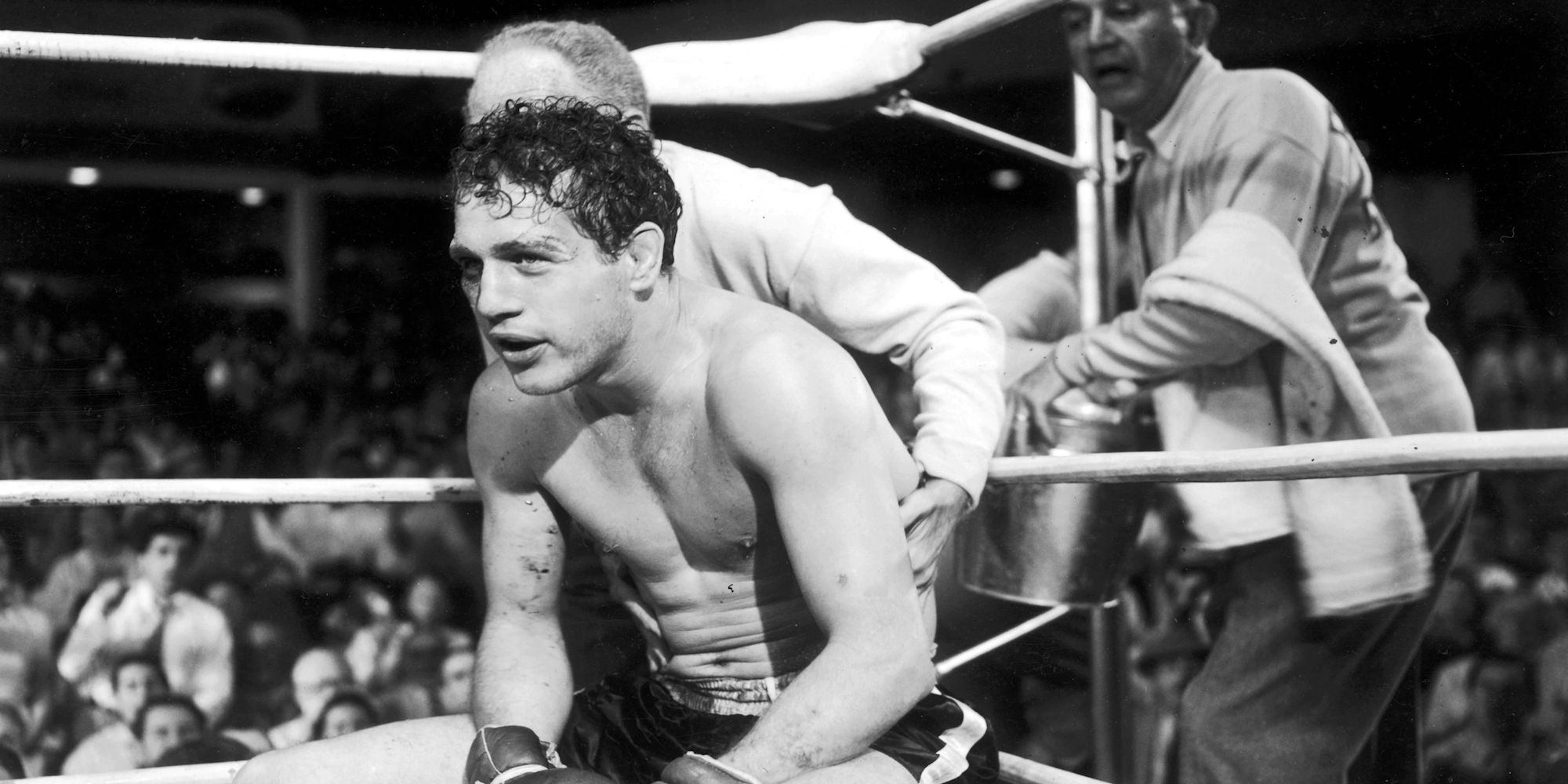 Paul Newman as Rocky Graziano on the boxing ring resting on the corner in the film Somebody Up There Likes Me.