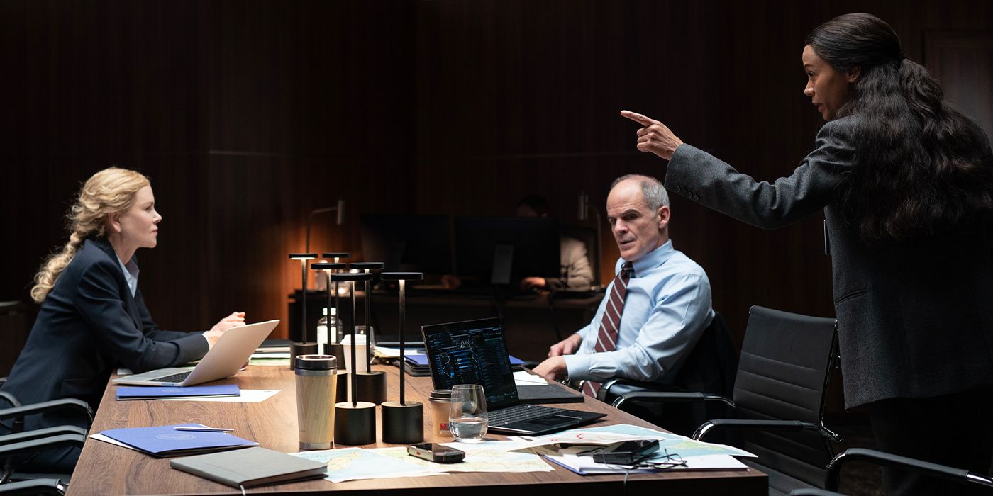 Nicole Kidman, Michael Kelly and Zoe Saldana in the war room in Special Ops: Lioness