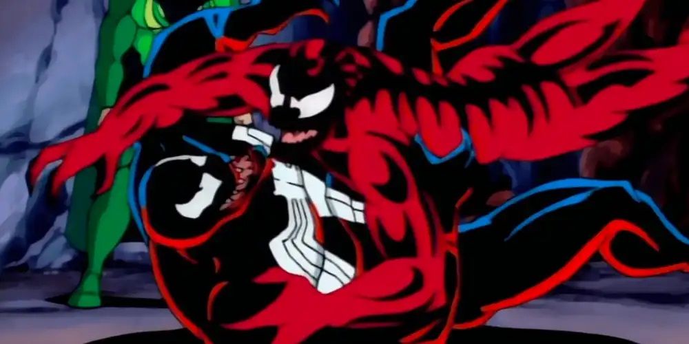 Carnage attacks Venom while Baron Mordo watches from the background