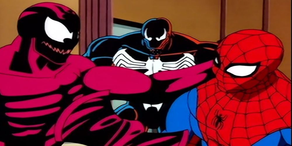 Venom watches as Carnage tries to kill Spider-Man