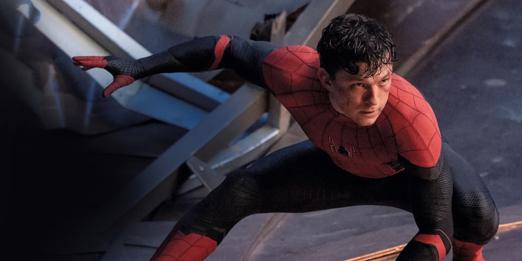 Tom Holland as Spider-Man crouching, ready to fight, without his mask in No Way Home