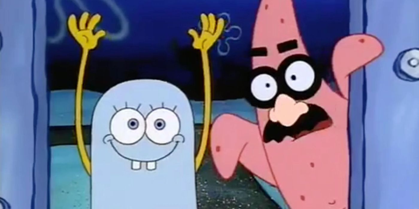 Spongebob smiling and dressed as a ghost and Patrick wearing glasses and a fake mustache in the Spongebob SquarePants Halloween episode, 