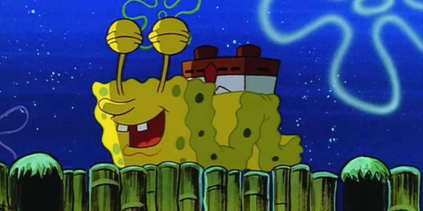 Spongebob as a snail, smiling and singing on top of a fence in the Spongebob SquarePants episode, 