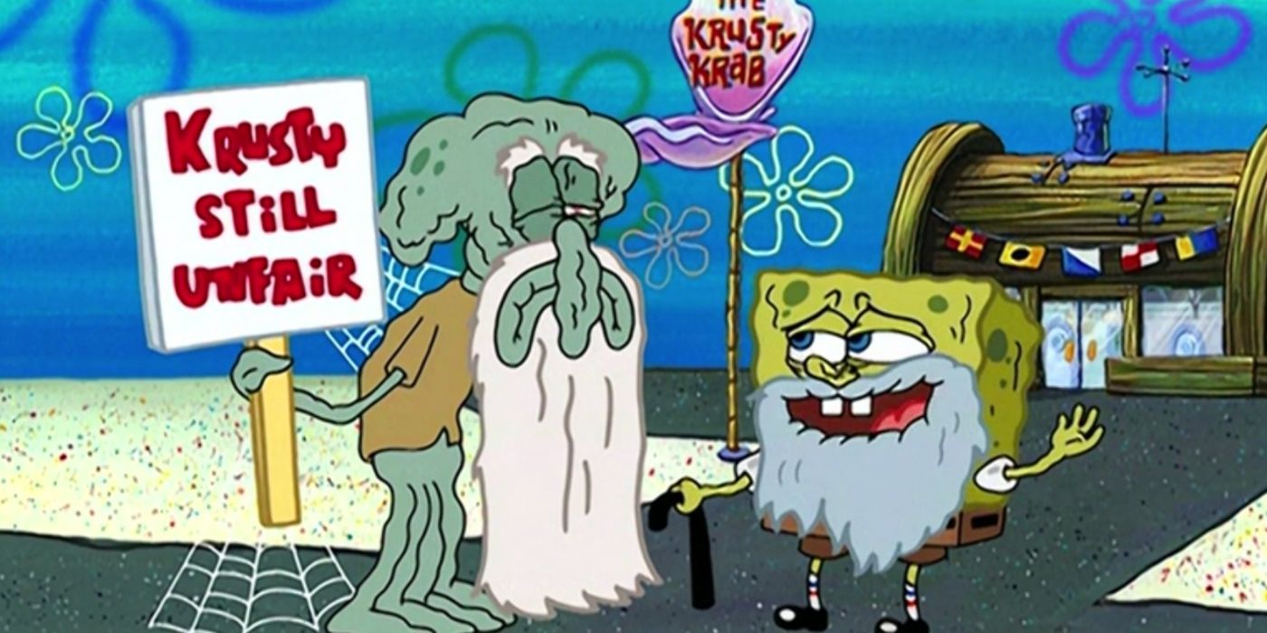 SpongeBob and Squidward old with long beards, standing outside the Krusty Krab protesting in 