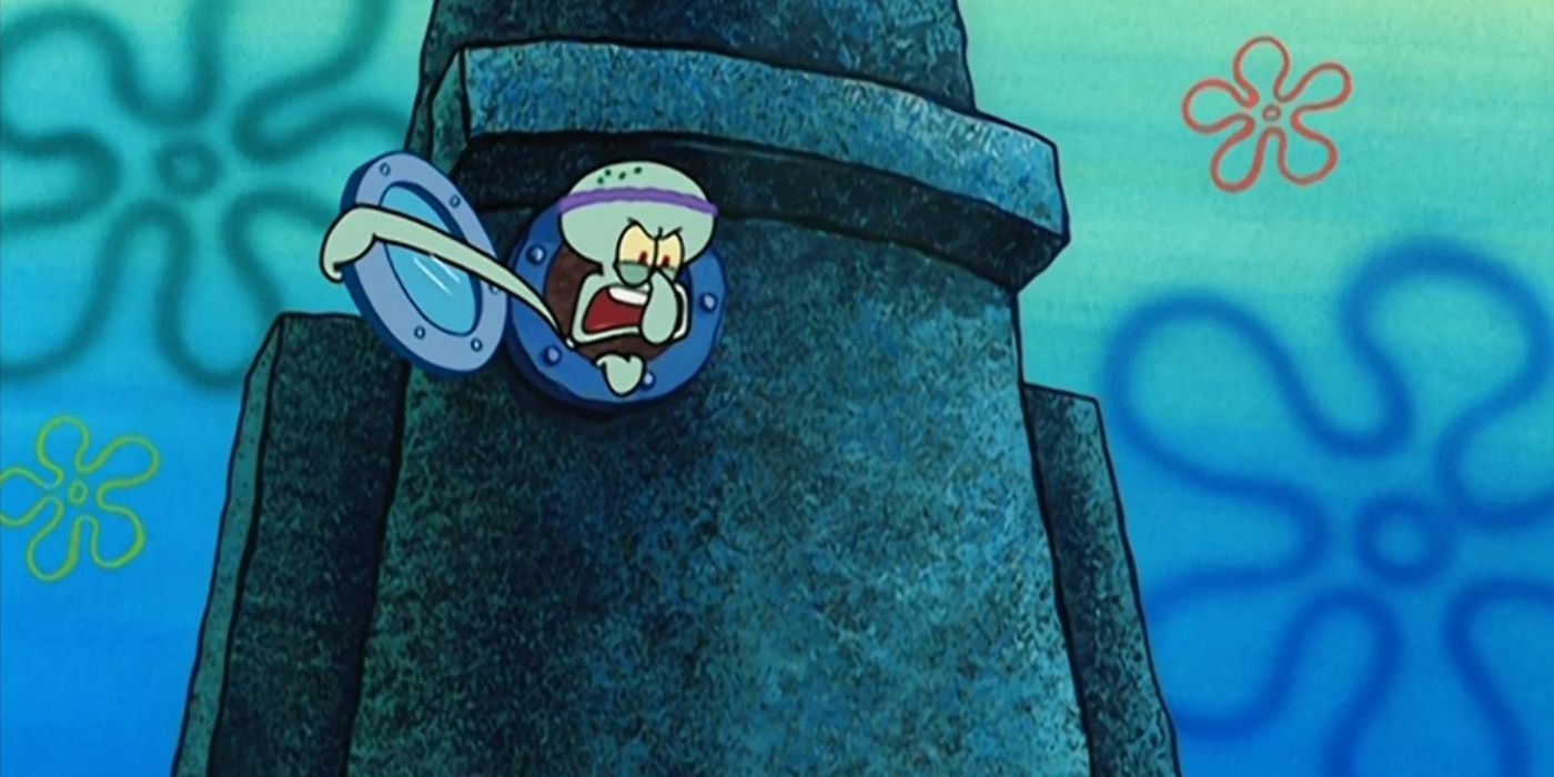 Squidward yells at SpongeBob as his windows get sucked away