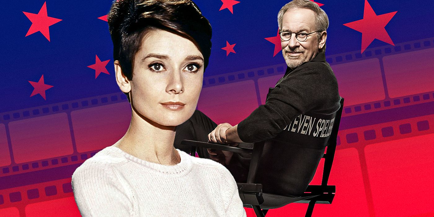 Custom image of Audrey Hepburn against a blue and red background with Steven Spielberg sitting in a director's chair