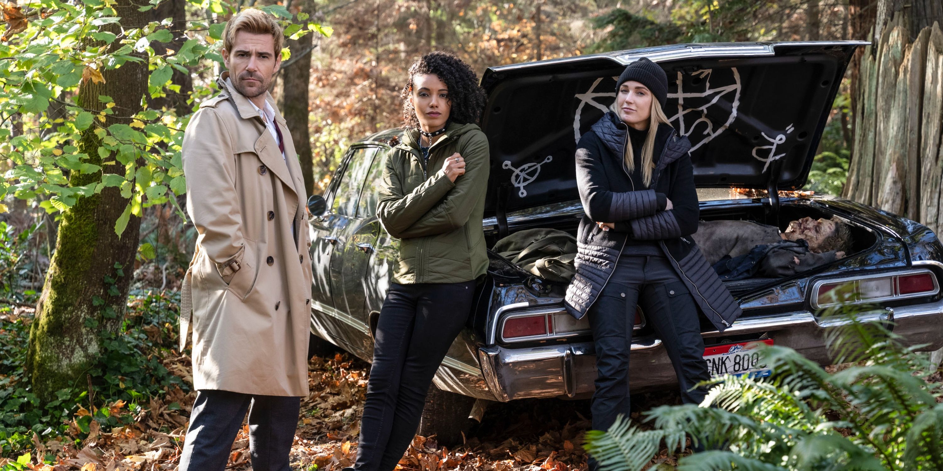 Constantine (Matt Ryan), Charlie (Maisie Richardson-Sellers), and Sara (Caity Lotz) in Legends of Tomorrow