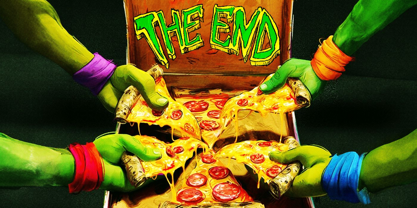 The hands of the Teenage Mutant Ninja Turtles in Mutant Mayhem reaching for a pizza box that says 