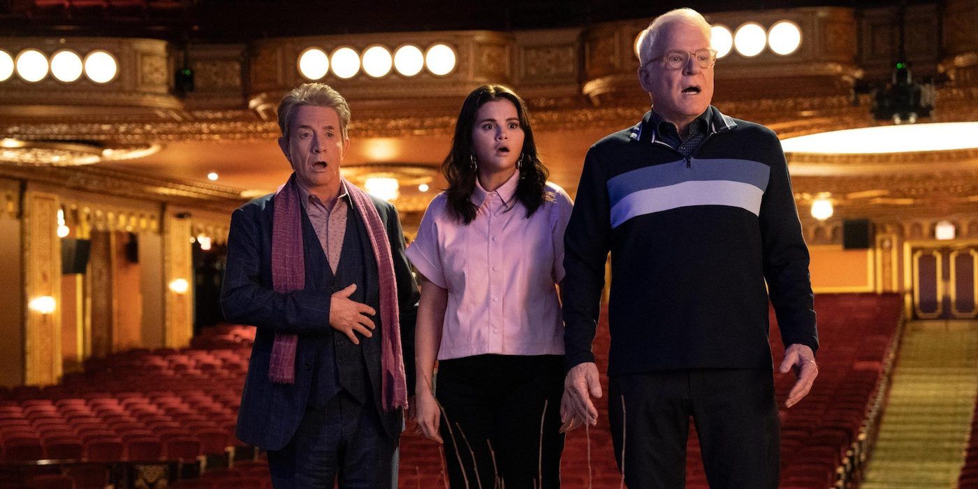 Oliver Putnam (Martin Short), Mabel Mora (Selena Gomez), and Charles-Haden Savage (Steve Martin) looking stunned in Only Murders in the Building