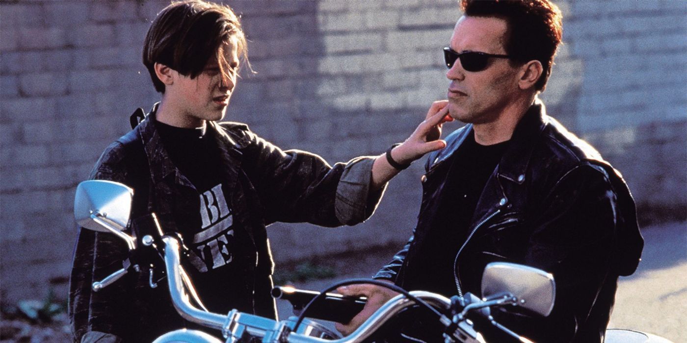 John Connor touching the Terminator's cheek in 'Terminator 2: Judgement Day'