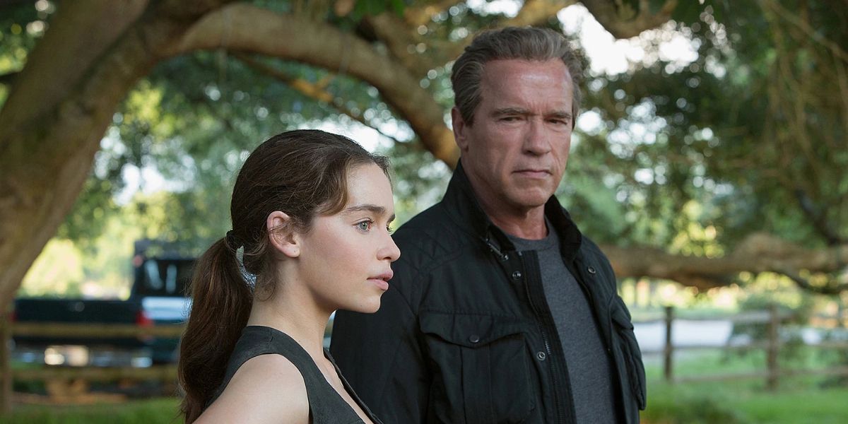 Emilia Clarke and Arnold Schwarzenegger as Sarah Connor and Pops in 'Terminator: Genisys.'