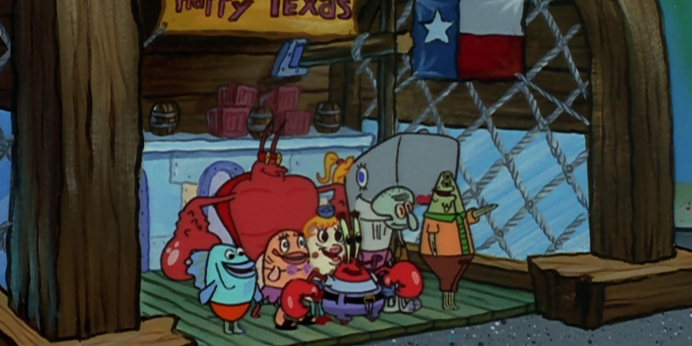 Squidward, Mr. Krabs, Larry the Lobster, and others gather for aTexas party for Sandy